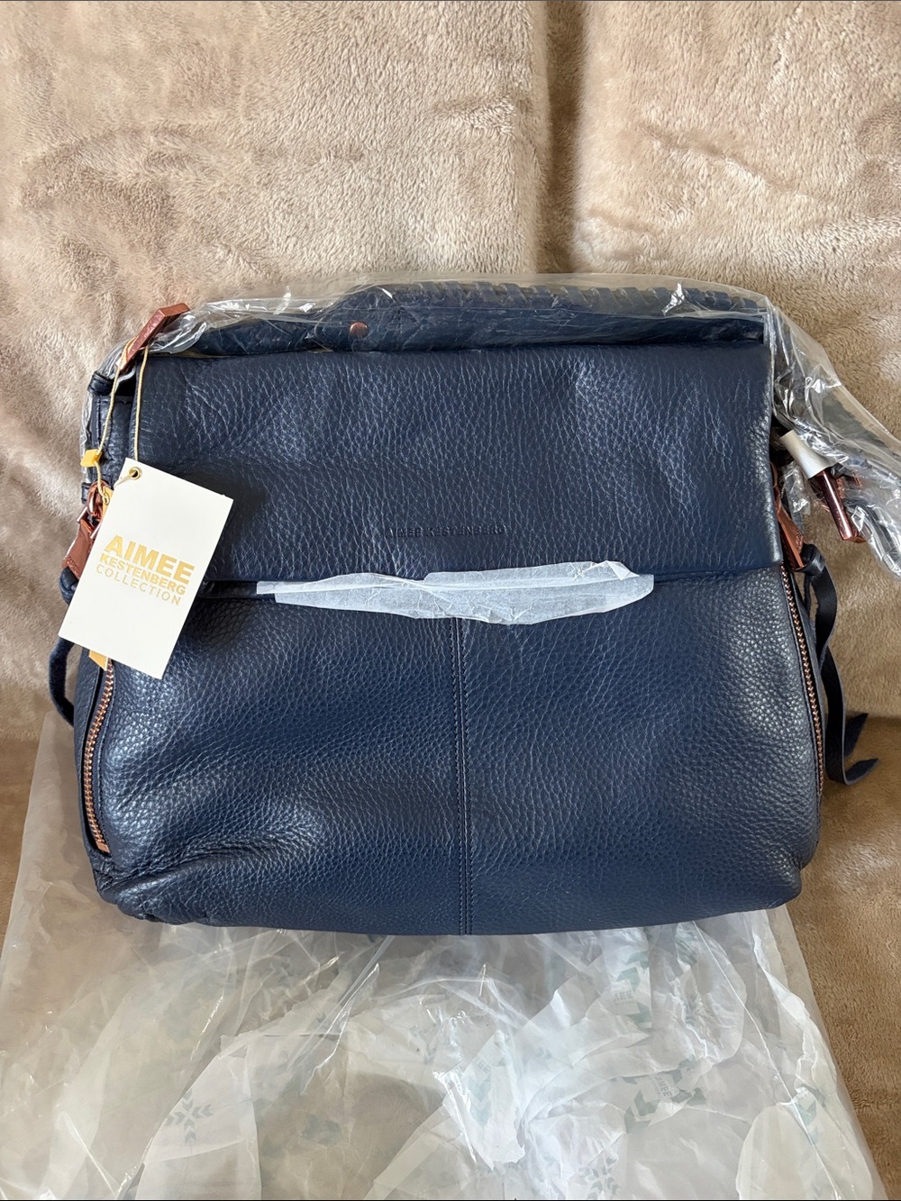 Aimee Kestenberg Navy Pebbled Leather Shoulder Bag with Gold Accents